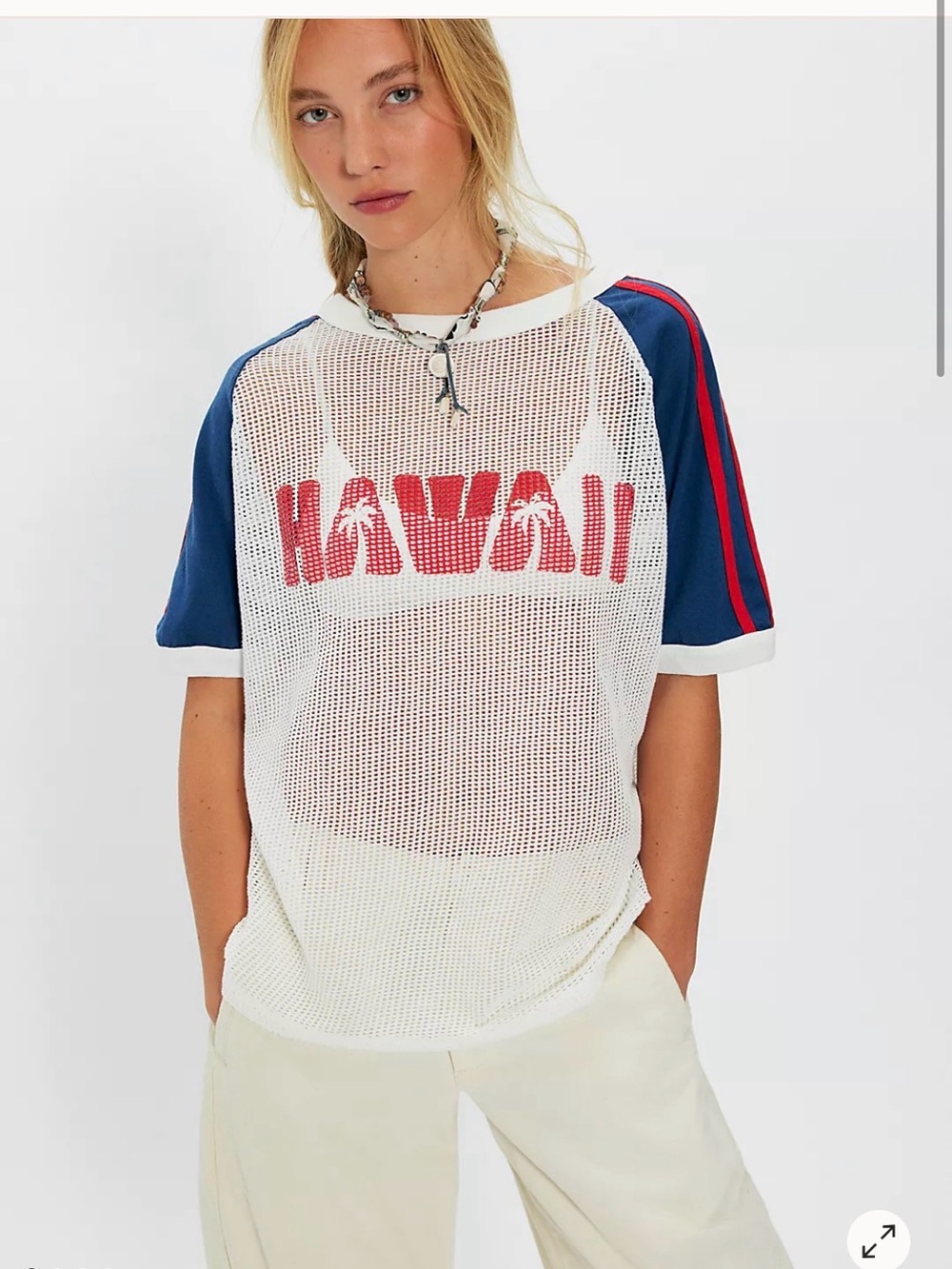 Free People new White Mesh 'Hawaii' Graphic Tee with Navy Sleeve Stripes